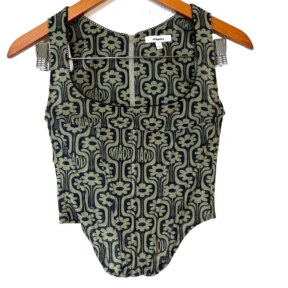 Miaou Campbell Retro Corset Top‎ Size XS Groovy Green Floral Logo 90s Glam